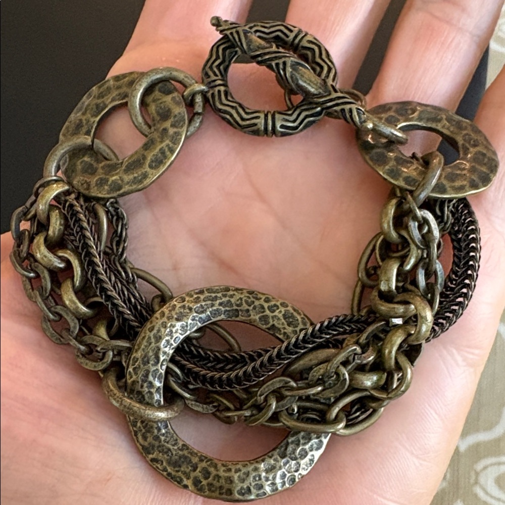 Boho toggle clasp bracelet antique-like finish 7.25" link ring chain hippie